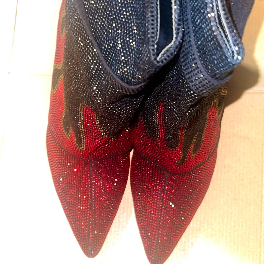 SHEIN Red and Black Rhinestone Flame Pointed Toe Heeled Slouch Boots - Picture 2 of 6